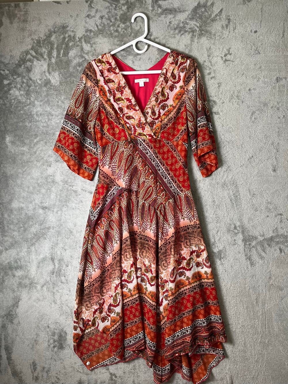 Vintage y2k Boho Paisley Handkerchief Hem Dress Orange Patchwork Midi Size Small